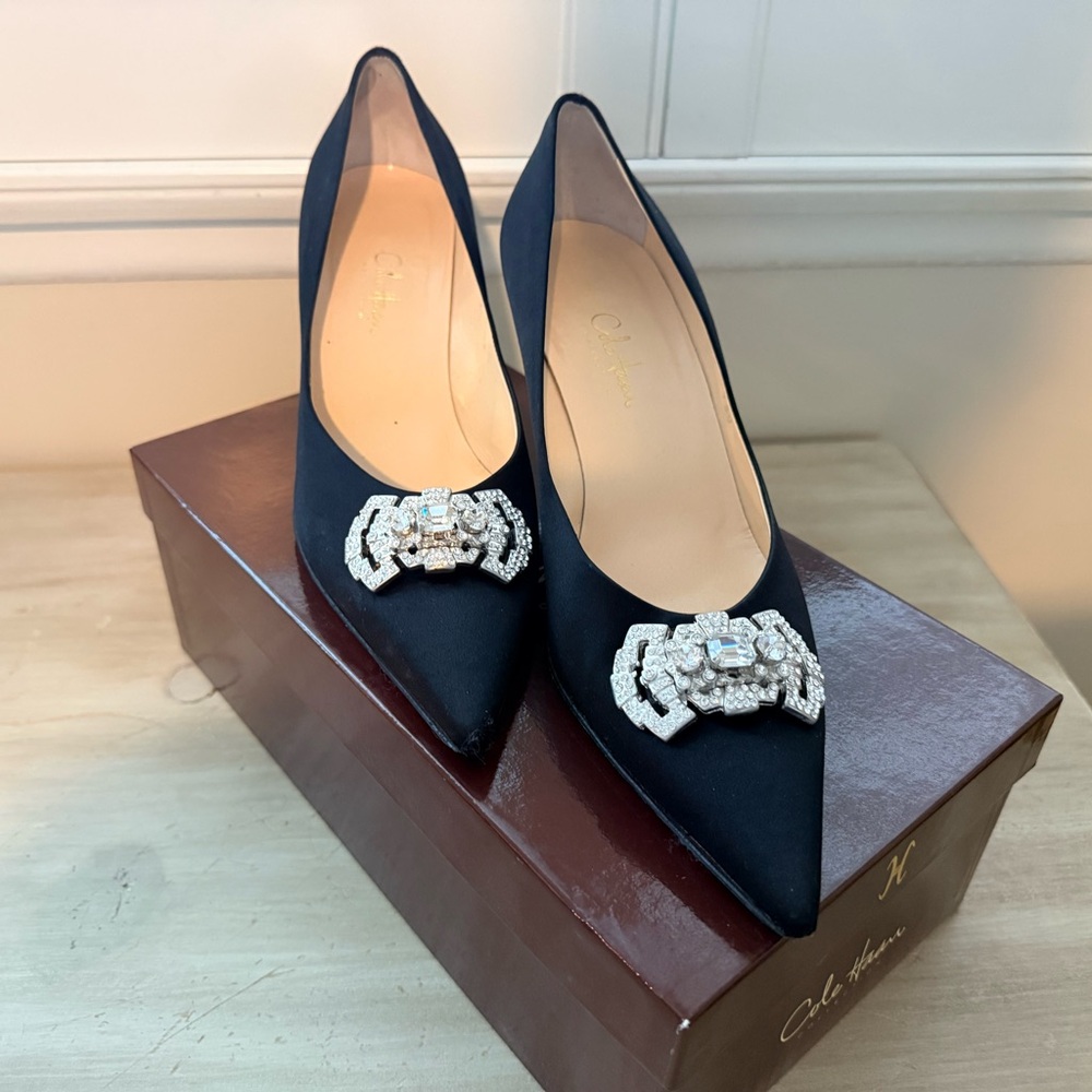 Cole Haan Briann Jeweled Crystal-Embellished Black Satin Pumps
